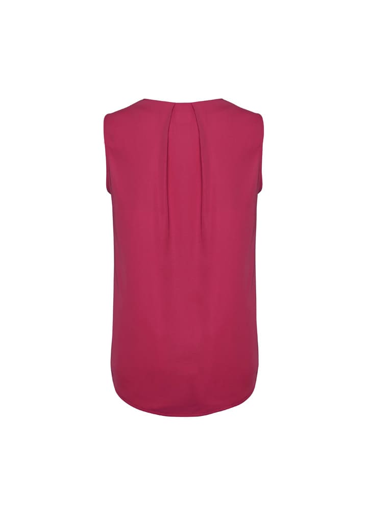 A sleeveless blouse in vibrant magenta with pleat detail at the back, featuring a smooth, flowing design.