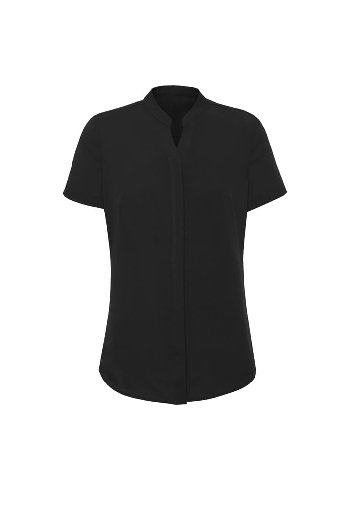 A black women's short sleeve blouse with a collared neckline and a sleek design. It features a logo.