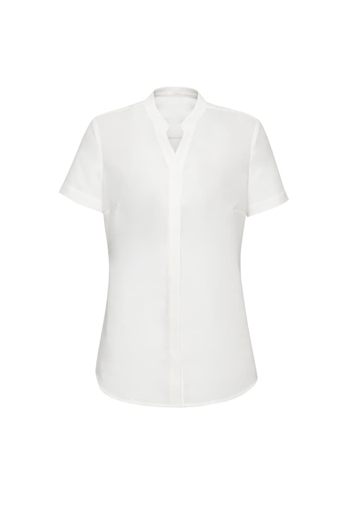 A white short sleeve blouse featuring a v-neck design and a classic fit. Includes a logo on the label.