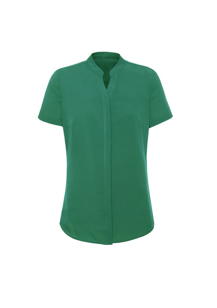 A green women's short sleeve blouse with a collared neckline and a smooth finish, featuring a logo.