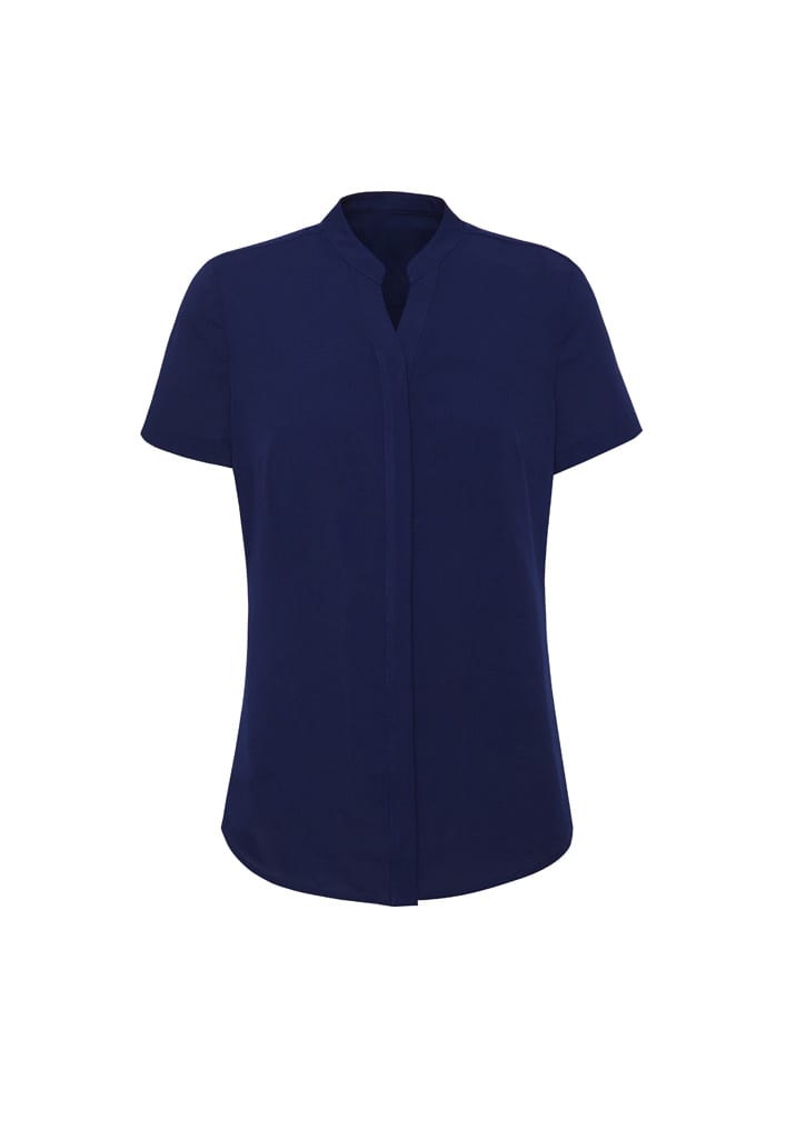 A navy blue short sleeve blouse with a relaxed fit and a pointed collar, featuring a logo on the label.