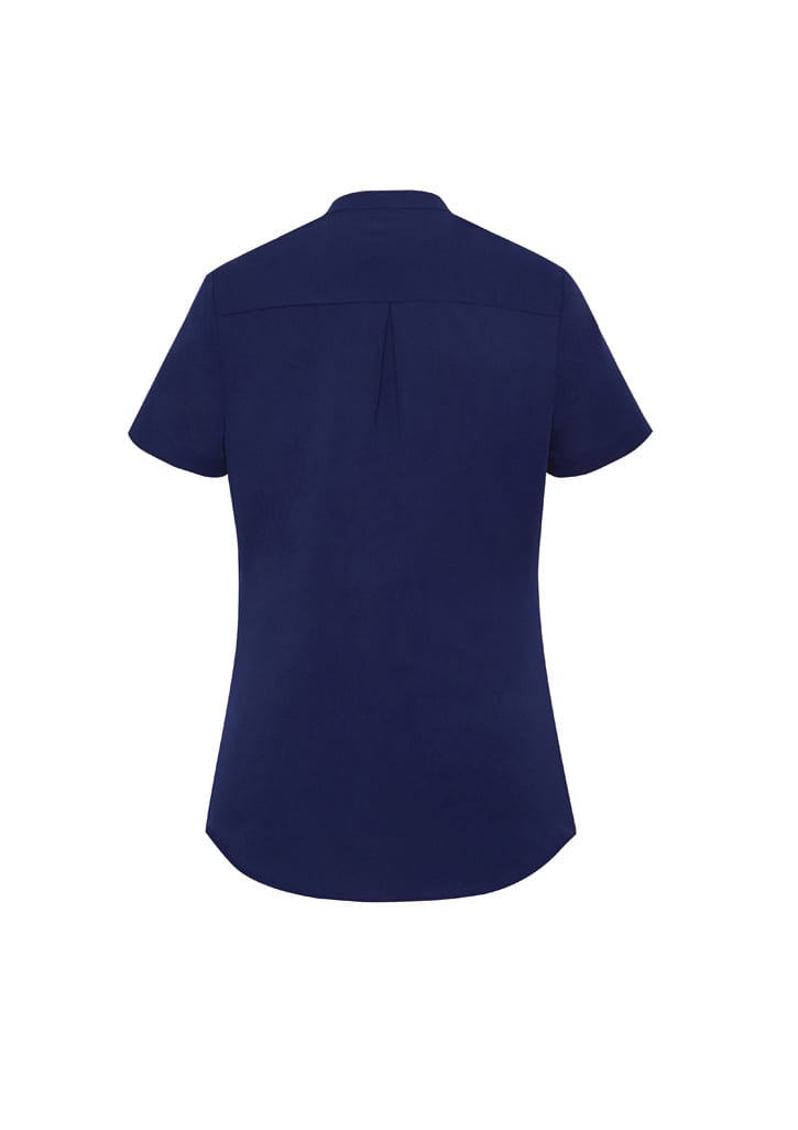 A navy short sleeve blouse with a back pleat and a subtle logo detail. Suitable for various casual occasions.