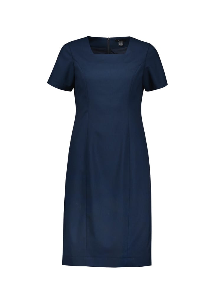 A short sleeve black dress with a fitted silhouette and a concealed back zipper. It has a simple design and no visible branding.