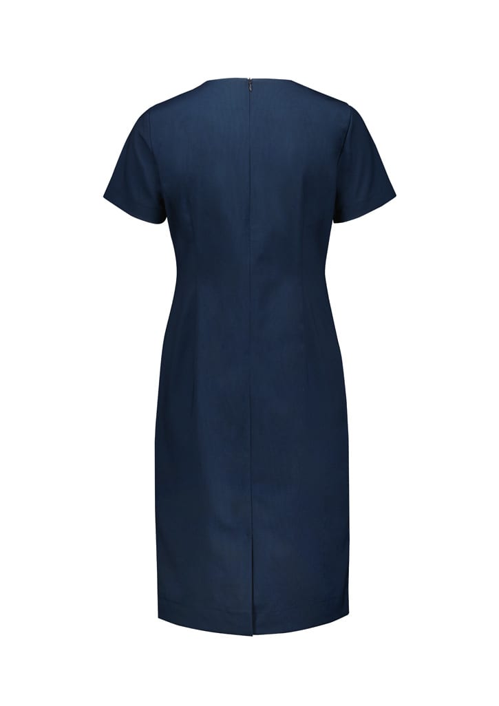 A navy short sleeve dress with a square neckline, held by a model alongside a matching jacket.