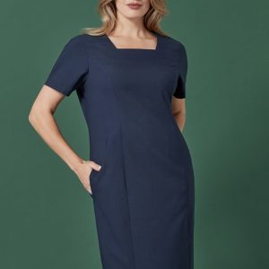 A women's short sleeve dress in navy blue with a square neckline and pockets, featuring a fitted silhouette.