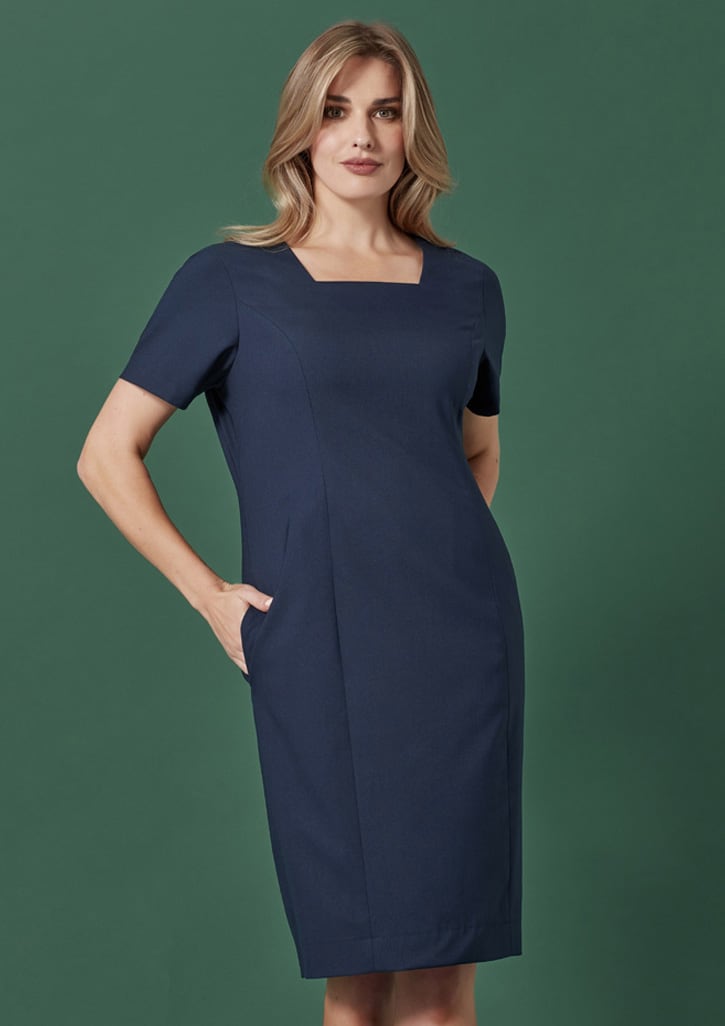 A women's short sleeve dress in navy blue with a square neckline and pockets, featuring a fitted silhouette.