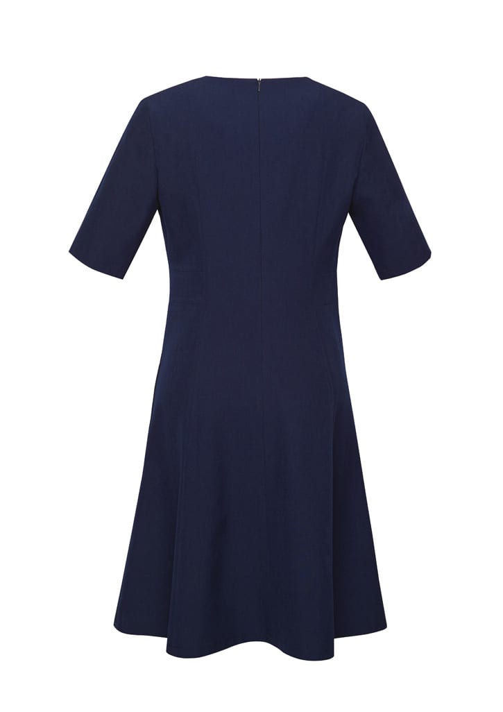 A navy blue women's dress with an extended short sleeve and a flared skirt, featuring a back zipper and a logo.