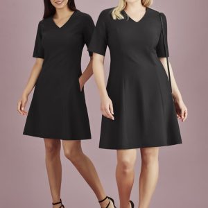 A black extended short sleeve dress displayed on two models, featuring a V-neck and a flared silhouette, with a logo visible.