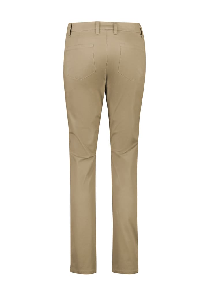 Slim leg stretch chino pants in beige, featuring a smooth back design and a branded logo.