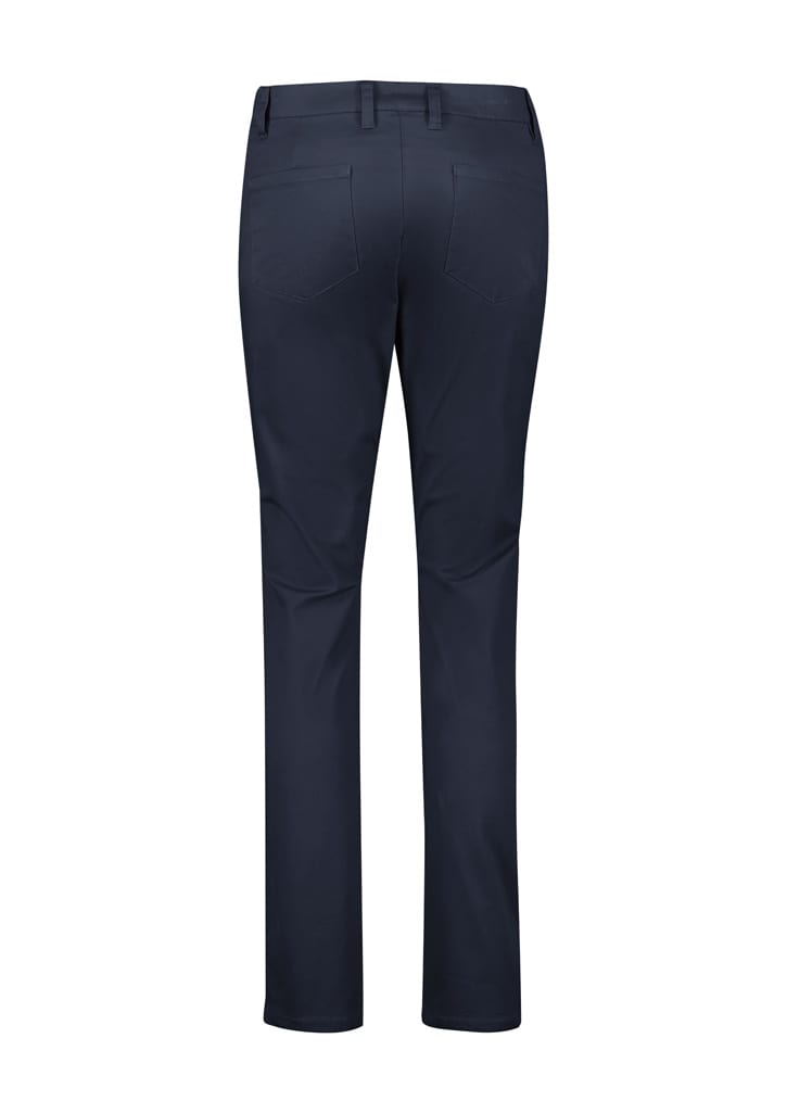 A pair of women's slim leg stretch chino pants in navy blue, featuring a back view with two pockets and a logo.