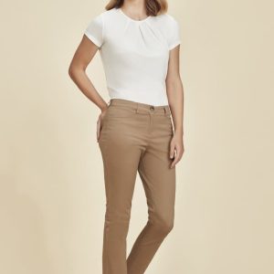 Women's slim leg stretch chino pant in tan, paired with a white top, featured on a neutral background.