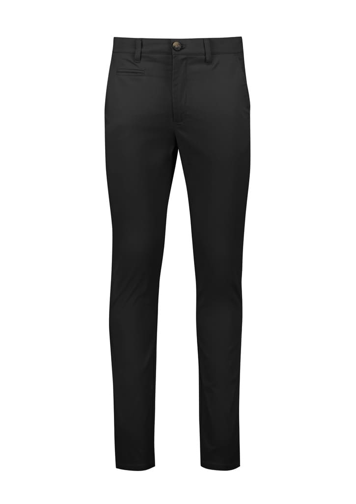 A pair of black tapered stretch chino pants featuring a front pocket and a button closure.