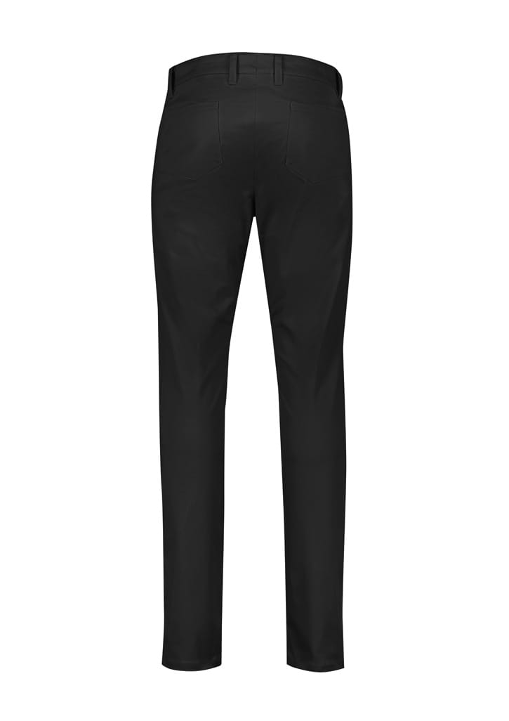 A pair of black tapered stretch chino pants featuring a back view, with pockets and a waistband.