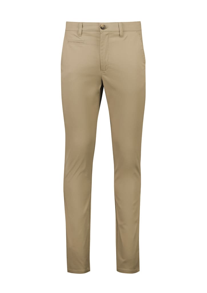 A pair of tan tapered stretch chino pants with a front pocket and a button closure.