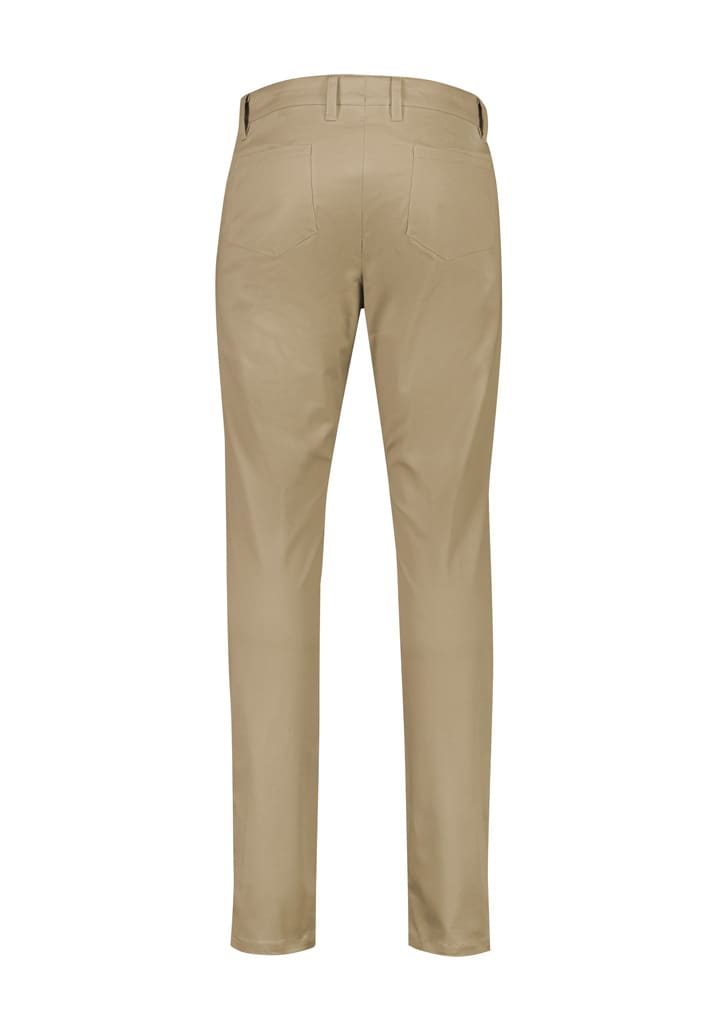 A pair of beige tapered stretch chino pants with back pockets and a logo.