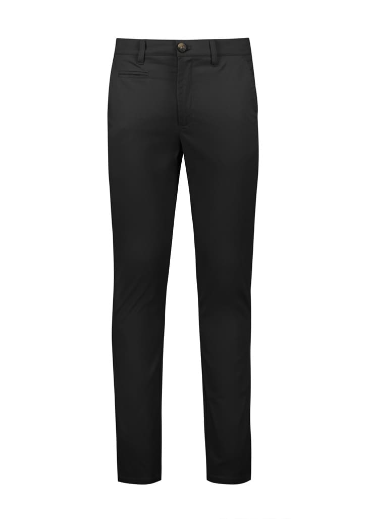A pair of black modern stretch chino pants with a fitted design. Features front pockets and a branding logo.