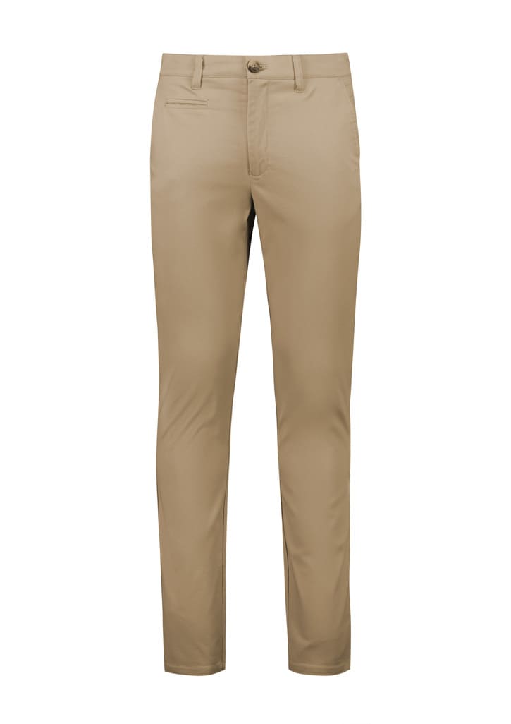 A pair of beige modern stretch chino pants with a slim fit design. Features a front pocket and a branded logo.