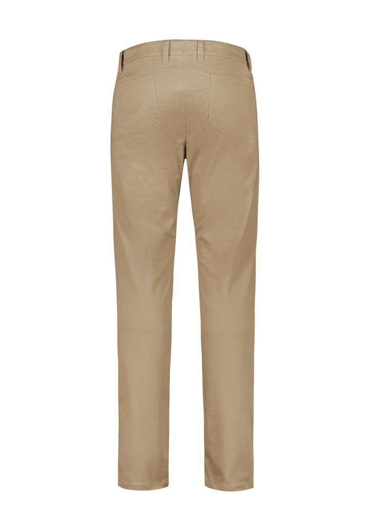 A pair of men's modern stretch chino pants in khaki, featuring a smooth back with visible stitching details.