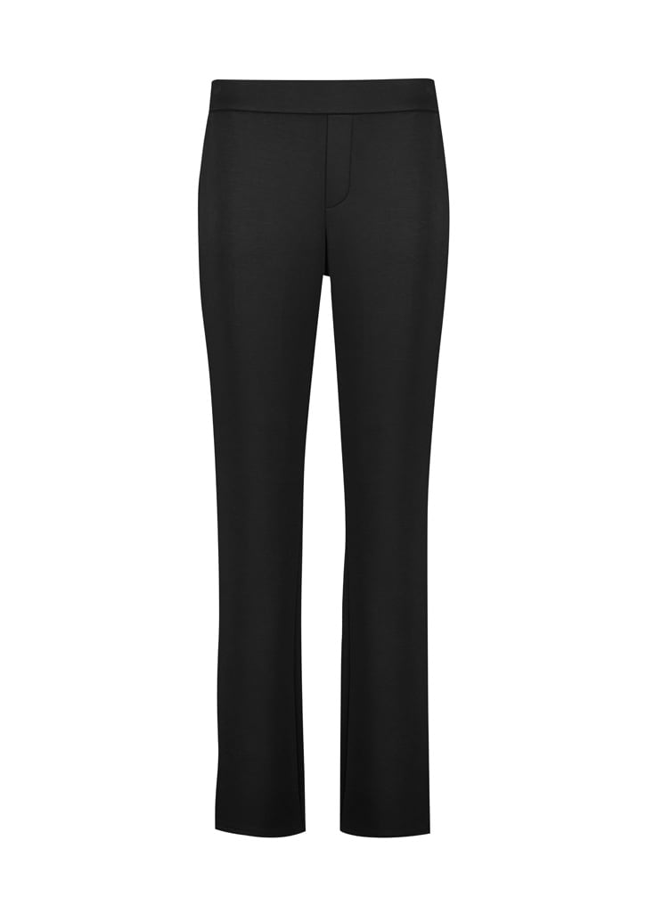 A pair of mid-rise pull-on pants in black, featuring a slacks design and a smooth fabric finish.