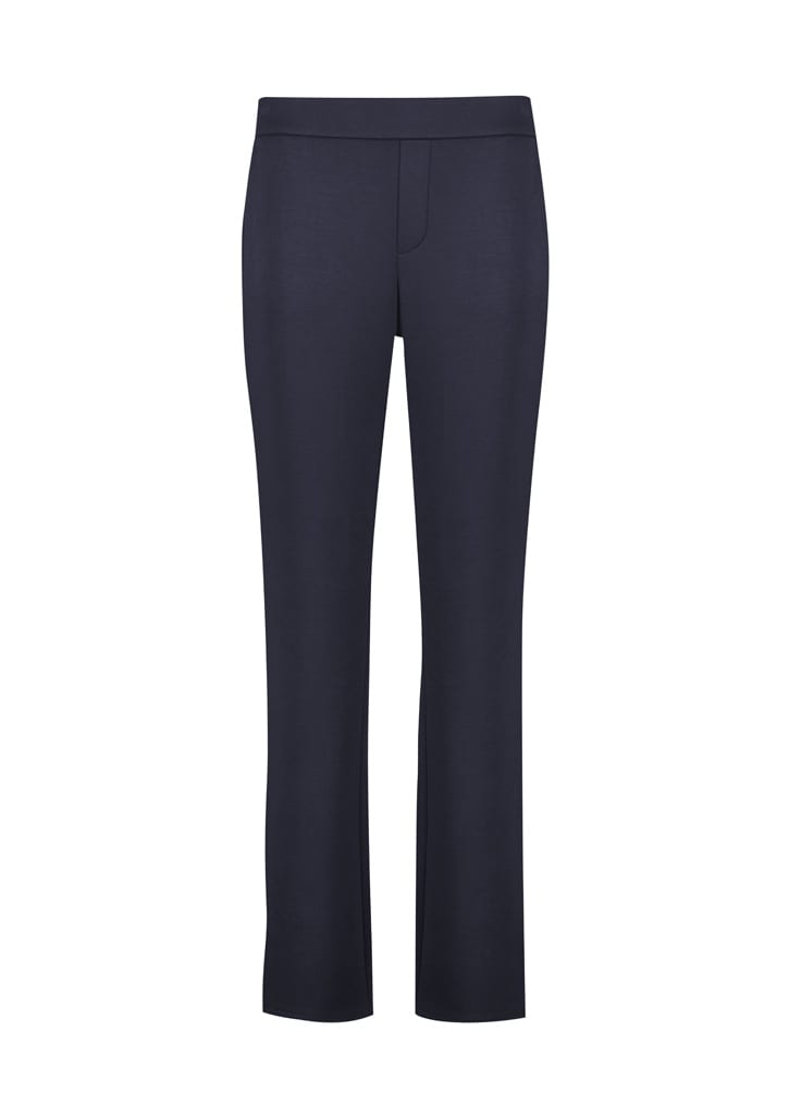 Navy mid-rise pull-on pants made from scuba ponte fabric, featuring a sleek design and a subtle branding logo.