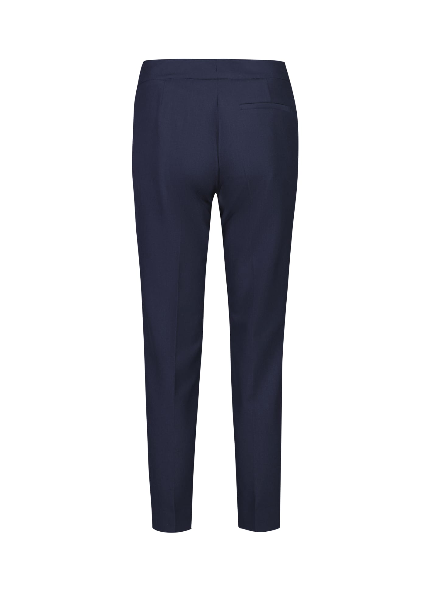 A pair of navy mid-waist slim leg pants, featuring a simple design and a single back pocket.