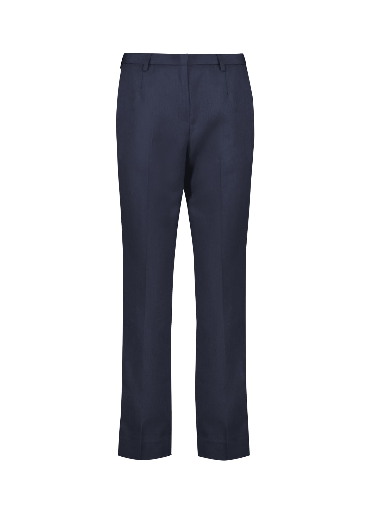 Navy tapered leg pants with an adjustable waist and a logo on the back pocket.