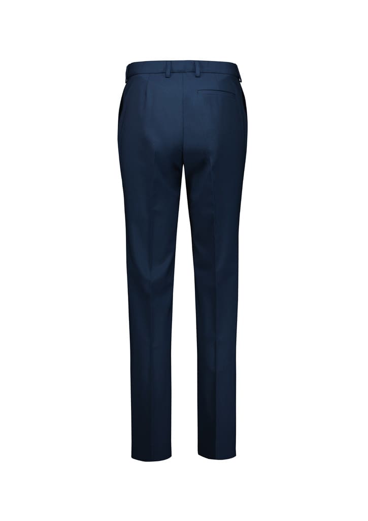 Navy tapered pants with an adjustable waist, featuring a sleek design and a logo at the waistband.