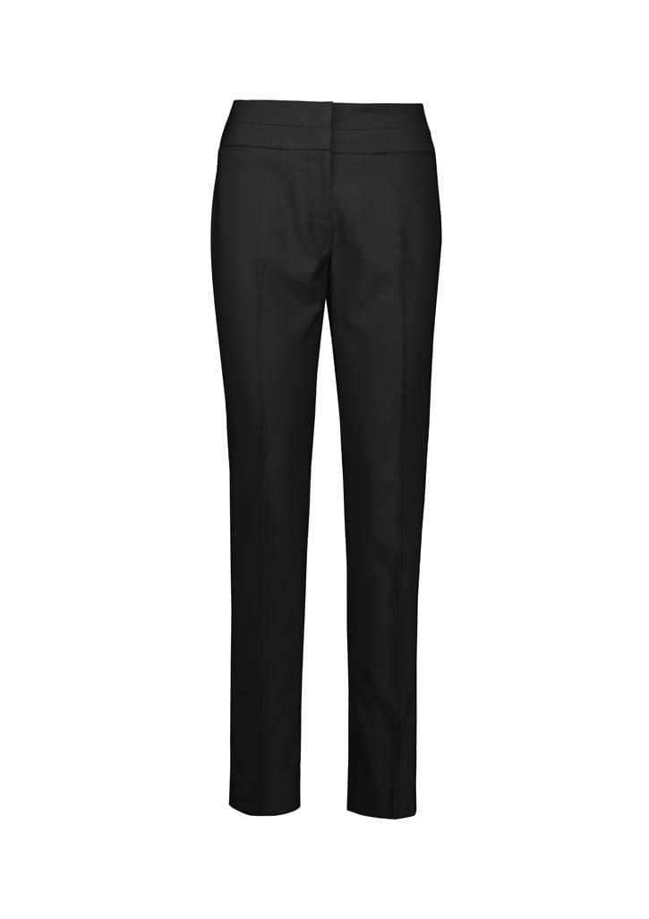A pair of black mid-waist slim leg pants with a sleek design and a branding logo.