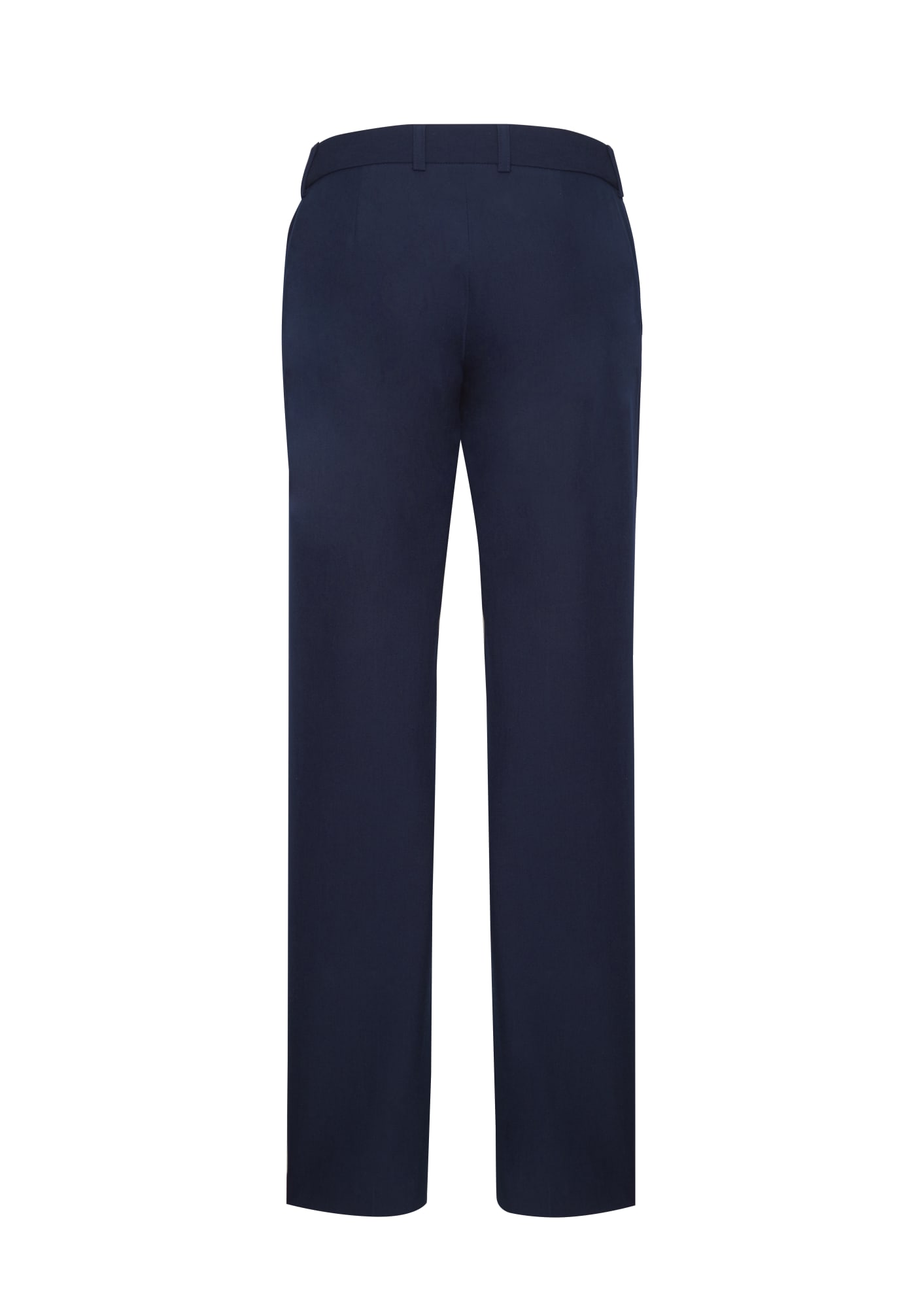 Navy women's adjustable waist pants with a straight-leg fit and a back view. Features a logo on the waistband.