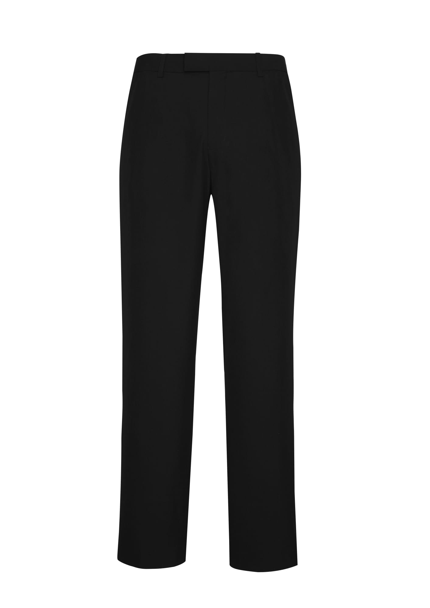 A pair of black adjustable waist slacks, featuring a sleek design and a waistband for comfort.