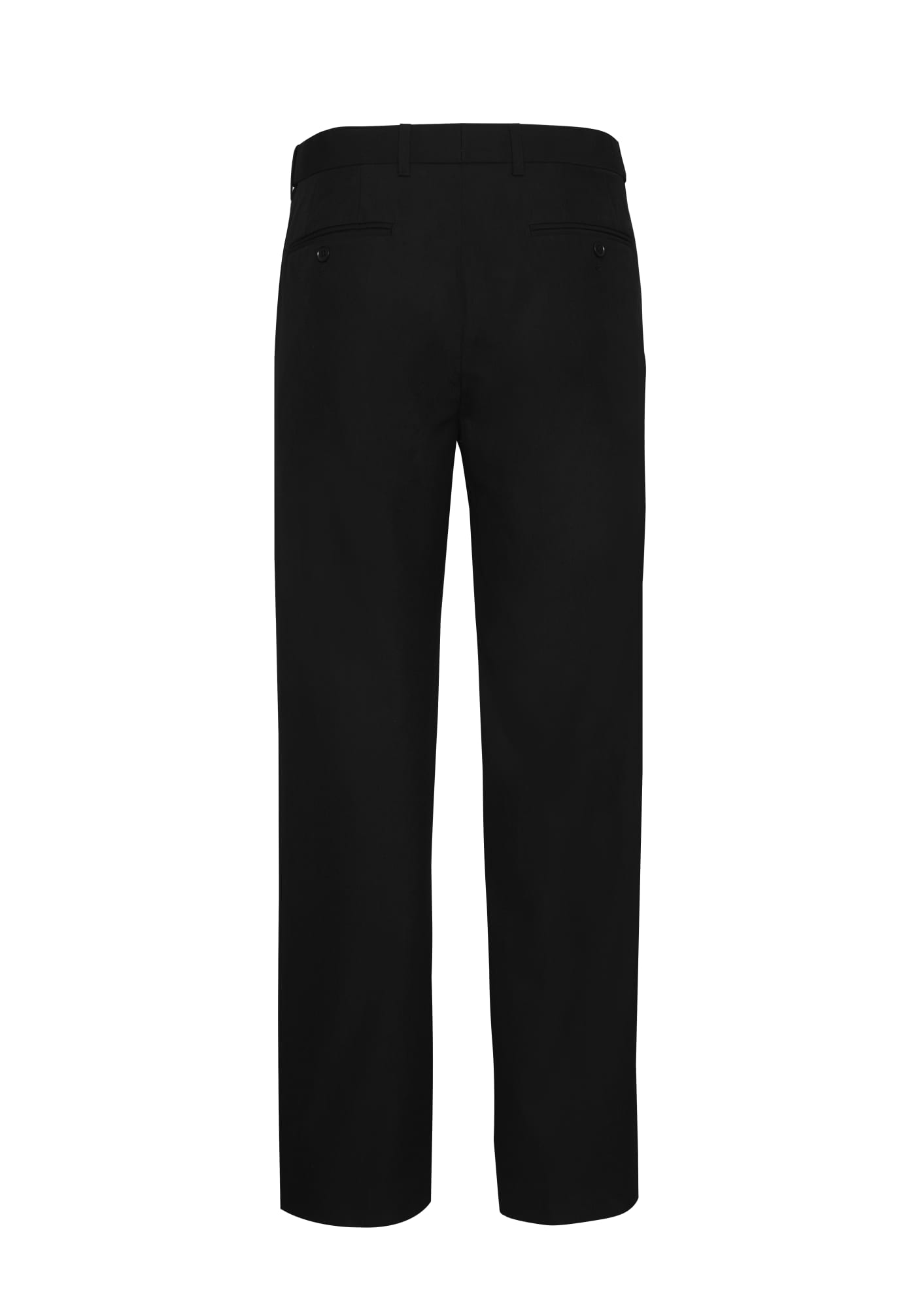 Black adjustable waist pants featuring a straight leg design and rear pockets, with a logo on the waistband.