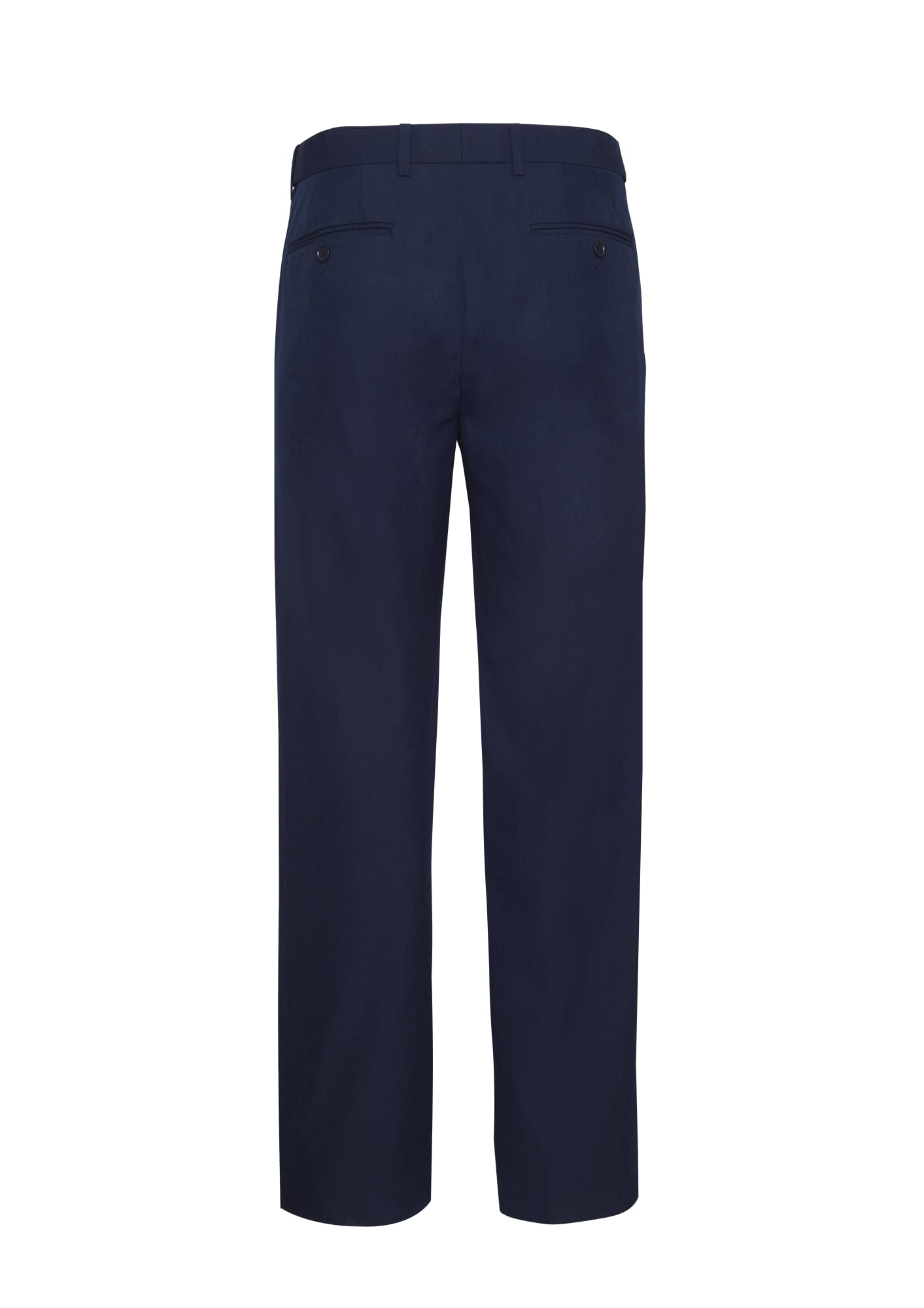 Navy adjustable waist men's slacks featuring two back pockets and a sleek design. Includes branding on waistband.