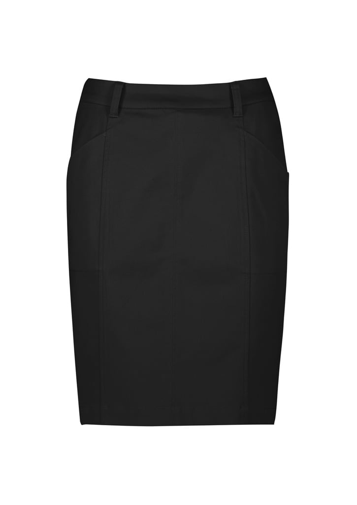 A black mid-waist chino skirt with a fitted design and pocket detailing. Features branding on the waistband.
