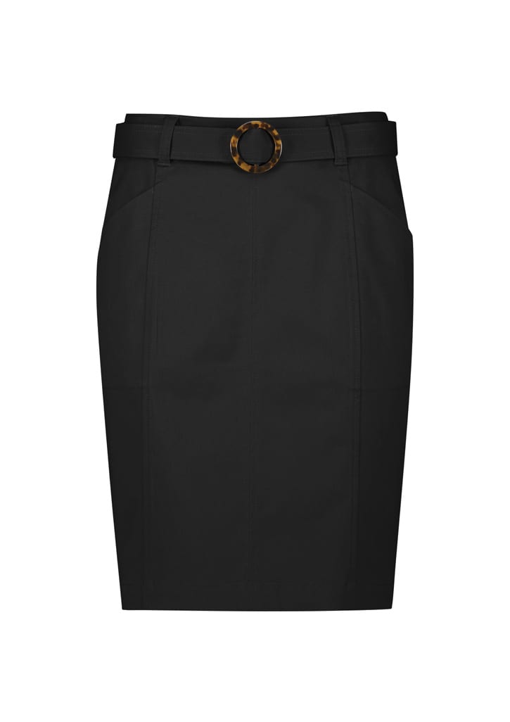 A black women's mid-waist stretch chino skirt featuring a belt with a circular buckle design.