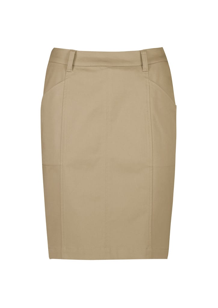 A mid-waist stretch chino skirt in a light tan colour, featuring a tailored fit and pockets.