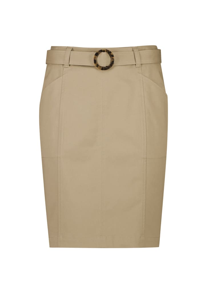 A mid waist stretch chino skirt in a light tan colour featuring a decorative belt with a circular buckle.