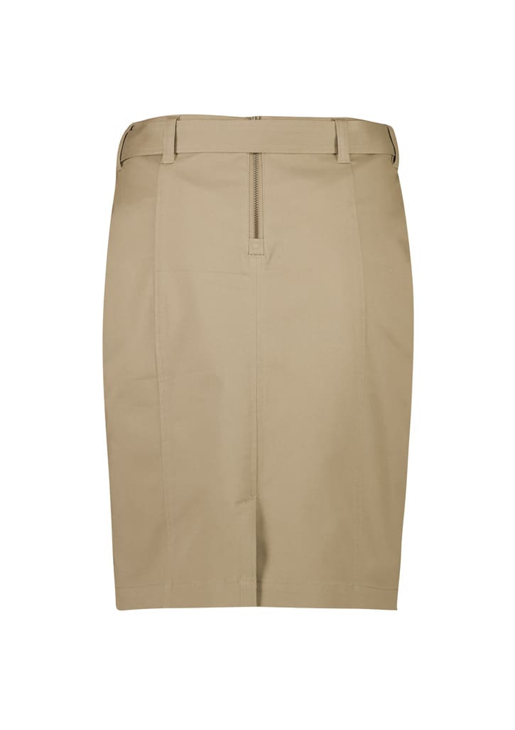 A women's mid waist stretch chino skirt in a light beige colour, featuring a front zip and pockets.