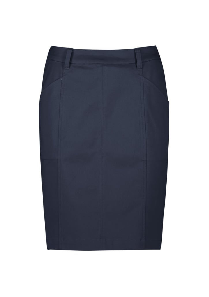 A women's mid-waist stretch chino skirt in navy blue, featuring pockets and a tailored design.