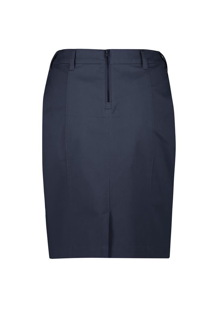 A dark navy mid waist stretch chino skirt with a back zipper and tailored design. Features a logo on the waistband.