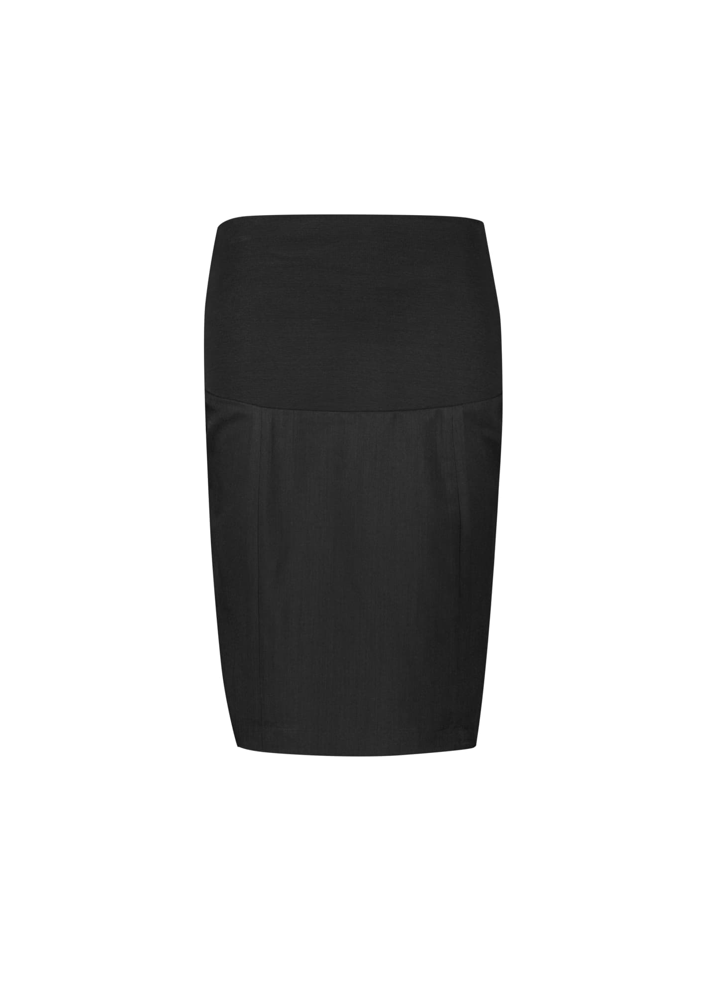 A black maternity skirt with a fitted design and stretchy waistband. Includes a simple, sleek look with no visible branding.