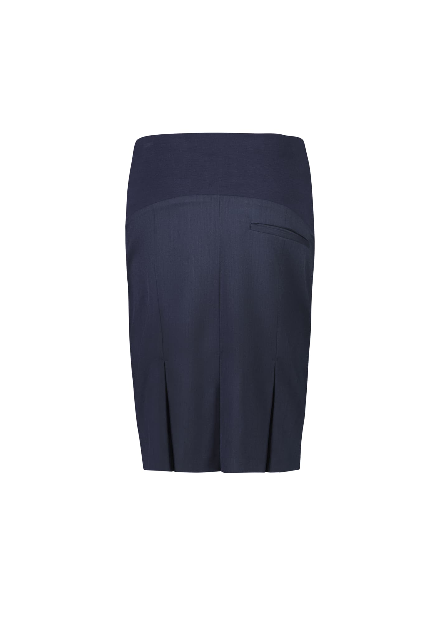 A navy maternity skirt with a smooth waistband and back pleats, featuring a single back pocket and a logo.