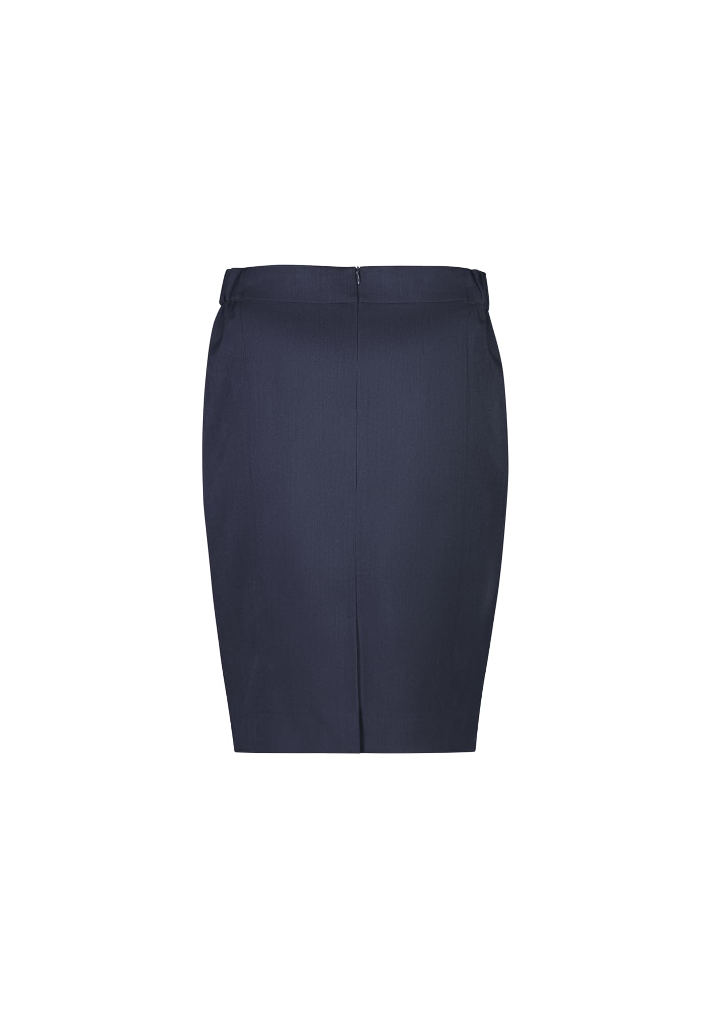 A mid-waist pencil skirt in navy blue with a fitted silhouette and a concealed zip at the back.