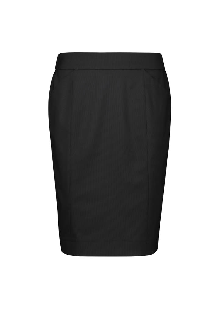 A black pencil skirt with a fitted design and pleat detailing, featuring an unlabelled logo.