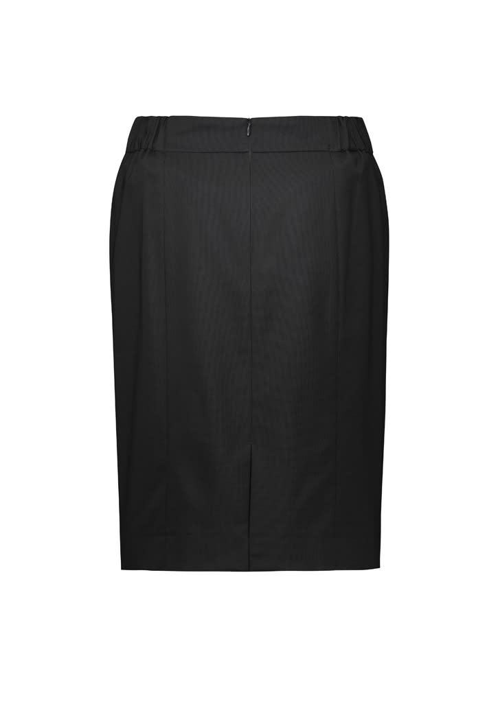 A black functional pencil skirt with a waistband and a back zip, featuring a tailored design.