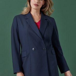 A navy double-breasted longline jacket with a tailored fit and two front pockets, featuring a branding logo.