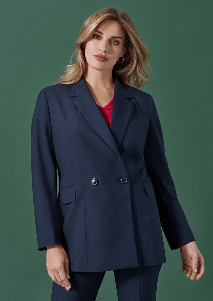 A navy double-breasted longline jacket with a tailored fit and two front pockets, featuring a branding logo.
