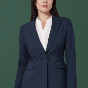 A navy mid-length women's blazer with a single button, featuring two front pockets and a tailored fit.
