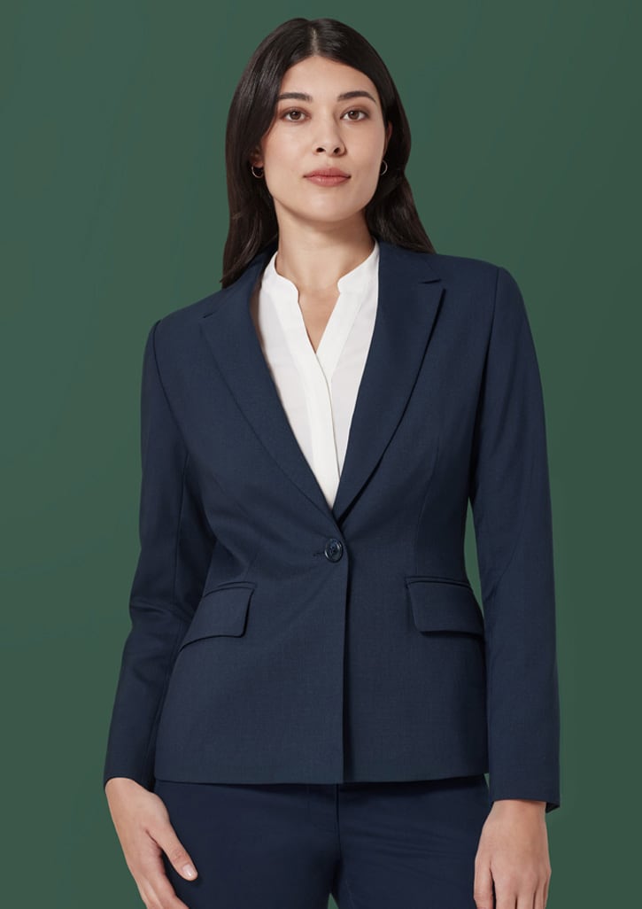 A navy mid-length women's blazer with a single button, featuring two front pockets and a tailored fit.