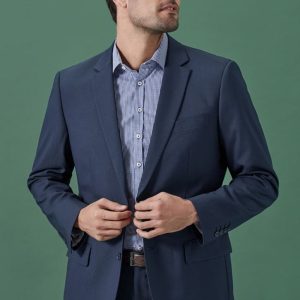 A navy men's blazer with a tailored fit, featuring notch lapels and a single chest pocket.