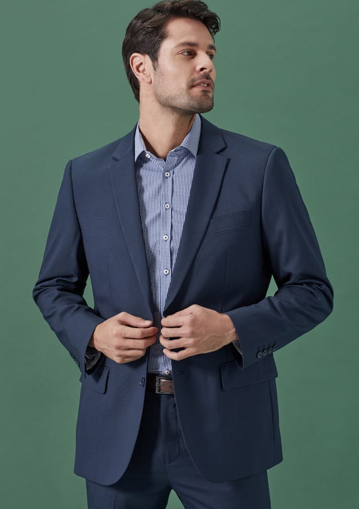A navy men's blazer with a tailored fit, featuring notch lapels and a single chest pocket.